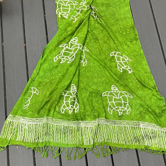 Green turtle rayon scarf shawl with fringe, bohemian hippie nautical coastal - Picture 2 of 5